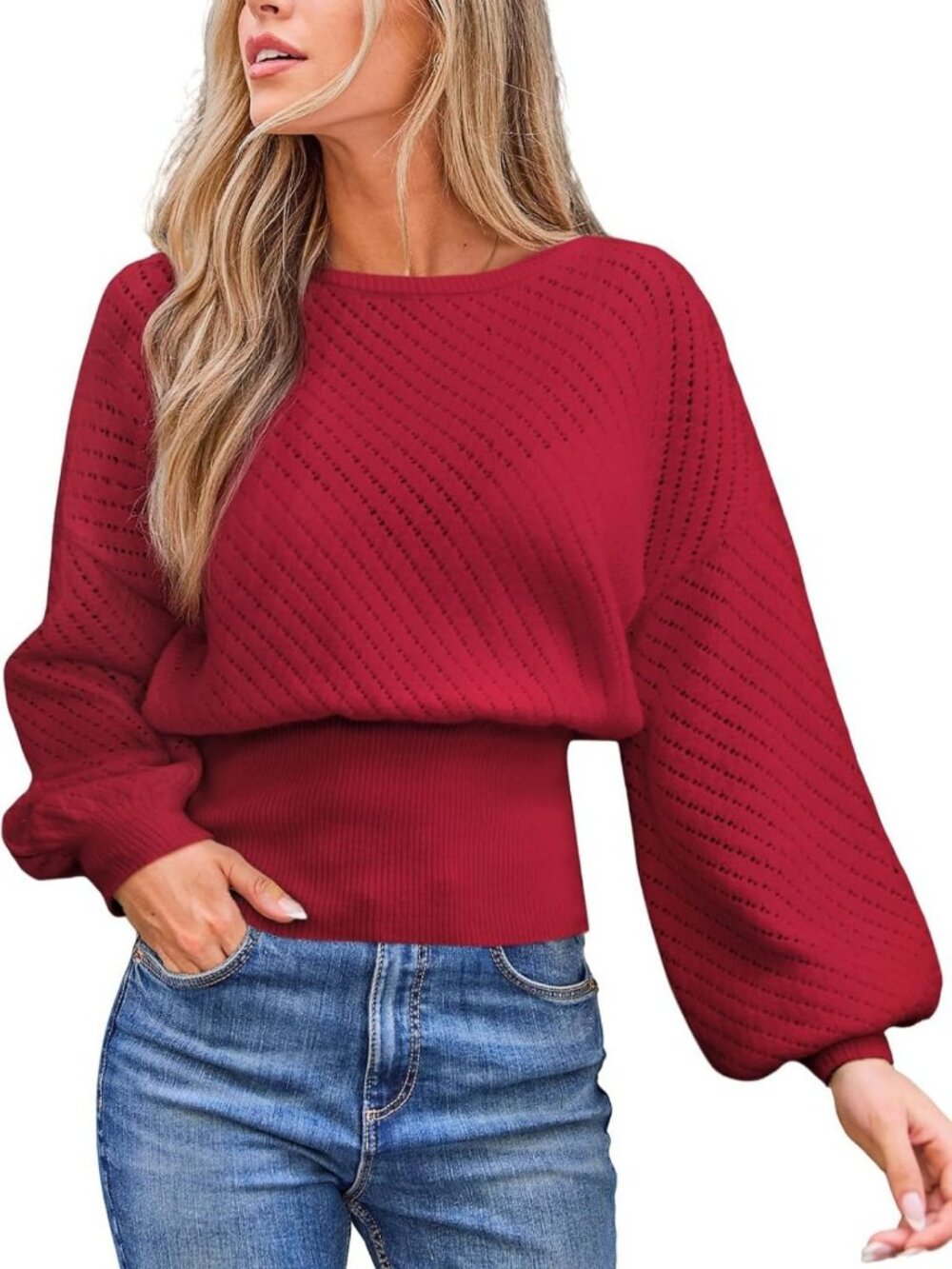 Trendy Knit Sweater with Puffy Sleeves, Boatneck Pullover Top for Women 2026
